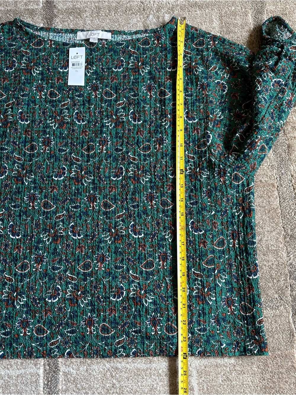 LOFT Green Floral Patterned Short-Sleeve Knit Top Puff Sleeves - Picture 7 of 11